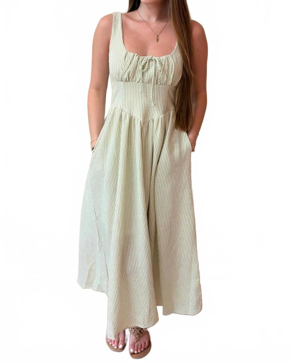 NEW BLU PEPPER juliana corseted waist stripe maxi dress in green
